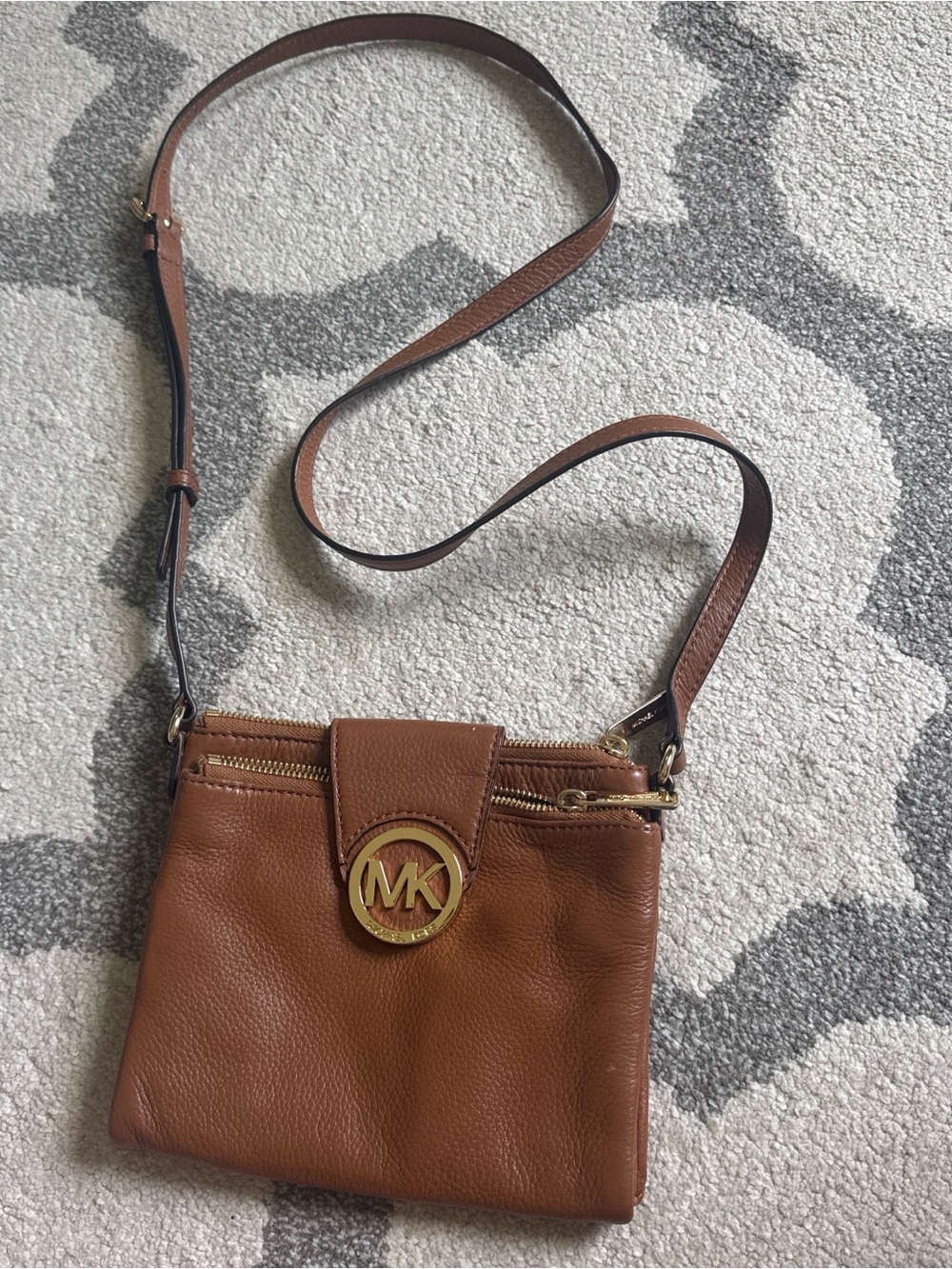 Michael Kors Tan Brown Pebbled Leather Crossbody with Gold MK Emblem
